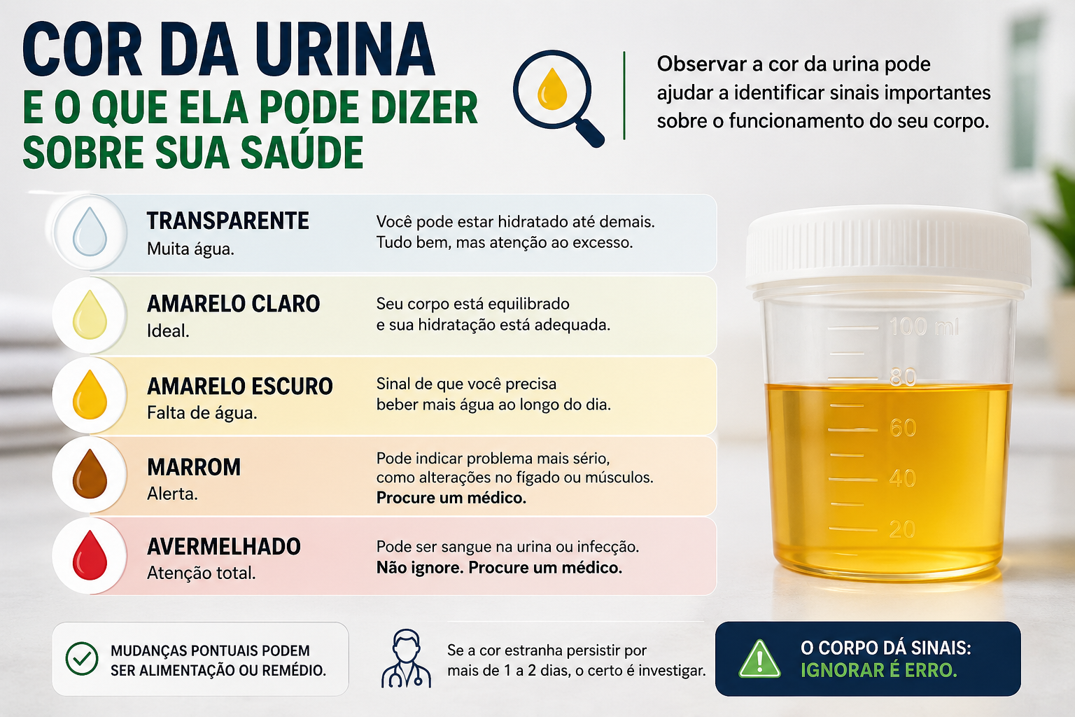 Infográfico sobre cores da urina e saúde